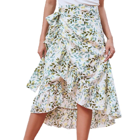 Women Tie Wrap Skirt Floral Print Ruffle Trim Split Design Mid Length Flowy Hem Summer Skirt with Lining Green Floral XL