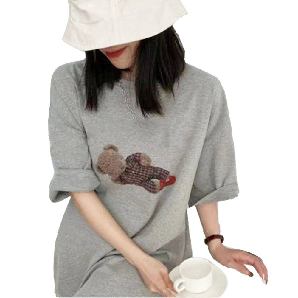 Women Short Sleeve T Shirt Cute Bear Print Round Neck Oversized Loose Casual Summer Top Gray L