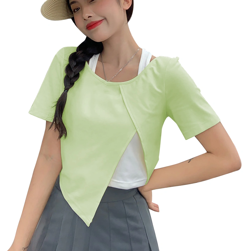 Women T Shirt Irregular Hem Short Sleeve Slim Fit Fake 2 Piece Casual Summer Top for Holiday Shopping Green M