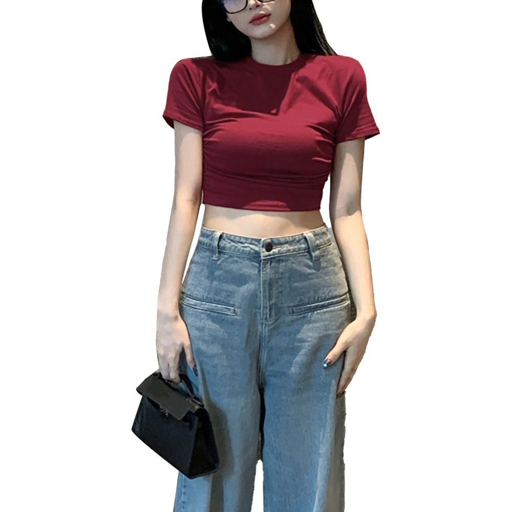 Women Short Sleeve Shirt Tight Round Neck Fashion Summer Slim Fit Top for Life Work Red Free Size