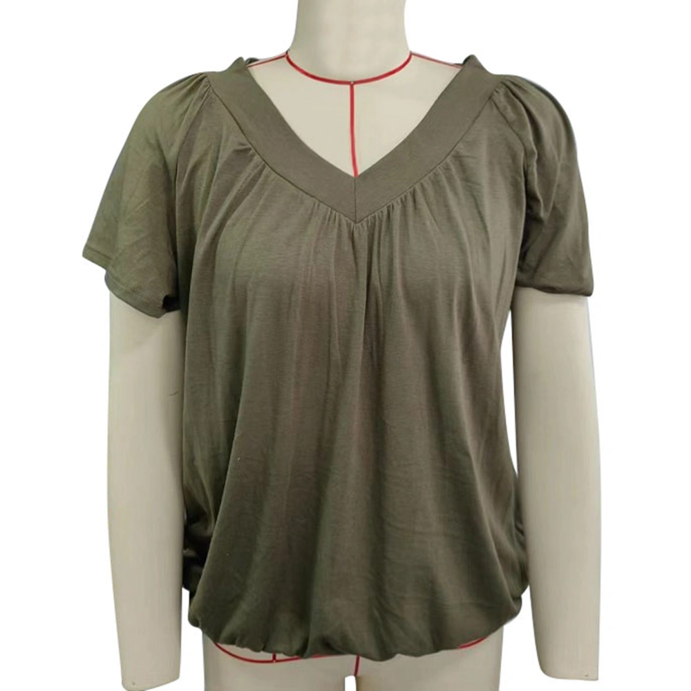 Short Sleeved Pleated Blouse Plain Color V Neckline Pleated Blouse for Women Lady Dating OD Green XXL