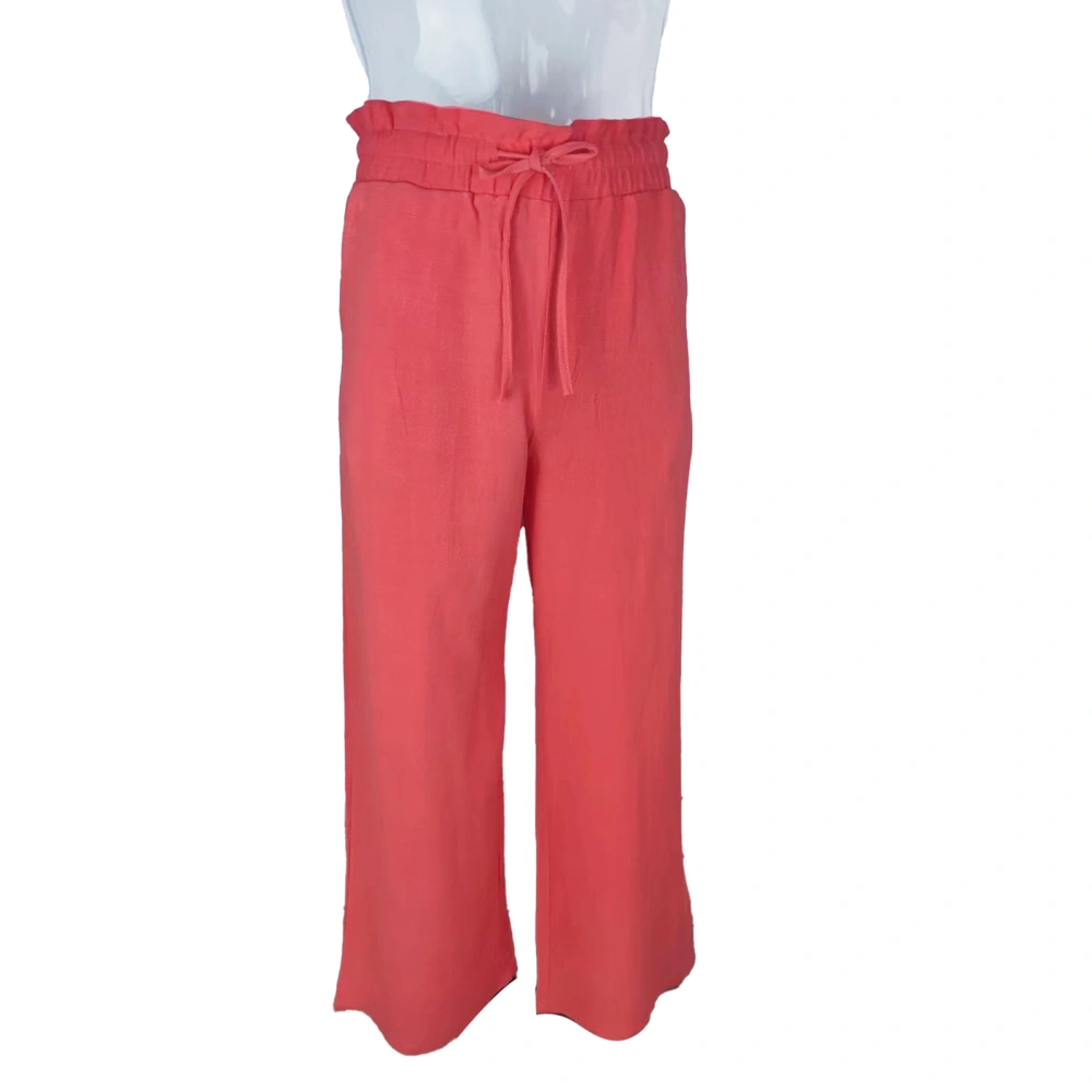 Women Linen Pants Drawstring High Waisted Casual Loose Fit Wide Leg Trousers for Summer Red S