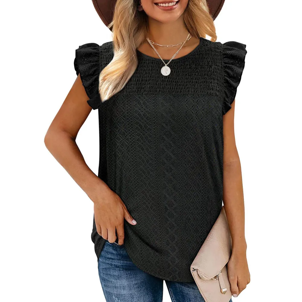 Summer Crew Neck Tank Top for Women Cap Sleeve Plain Color Eyelets Shirred Casual Blouse Black M