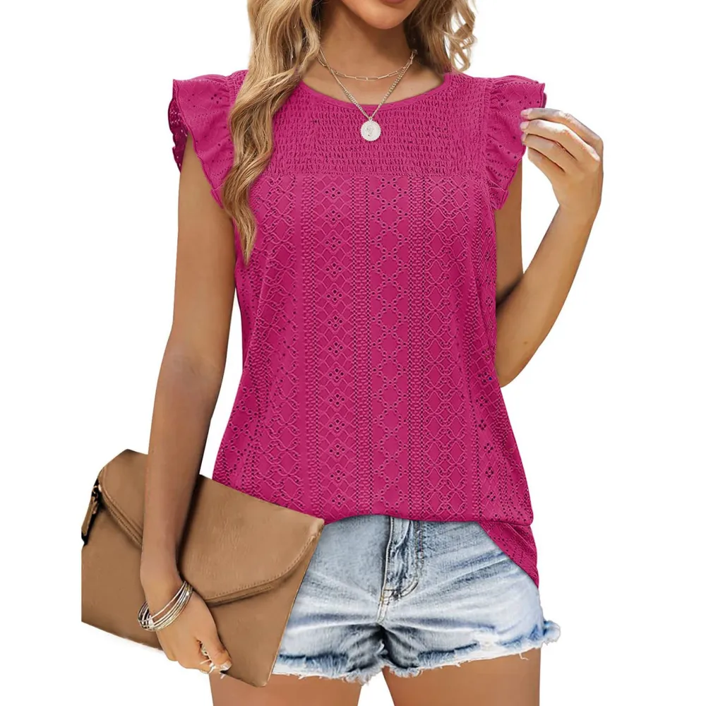 Summer Crew Neck Tank Top for Women Cap Sleeve Plain Color Eyelets Shirred Casual Blouse Red M