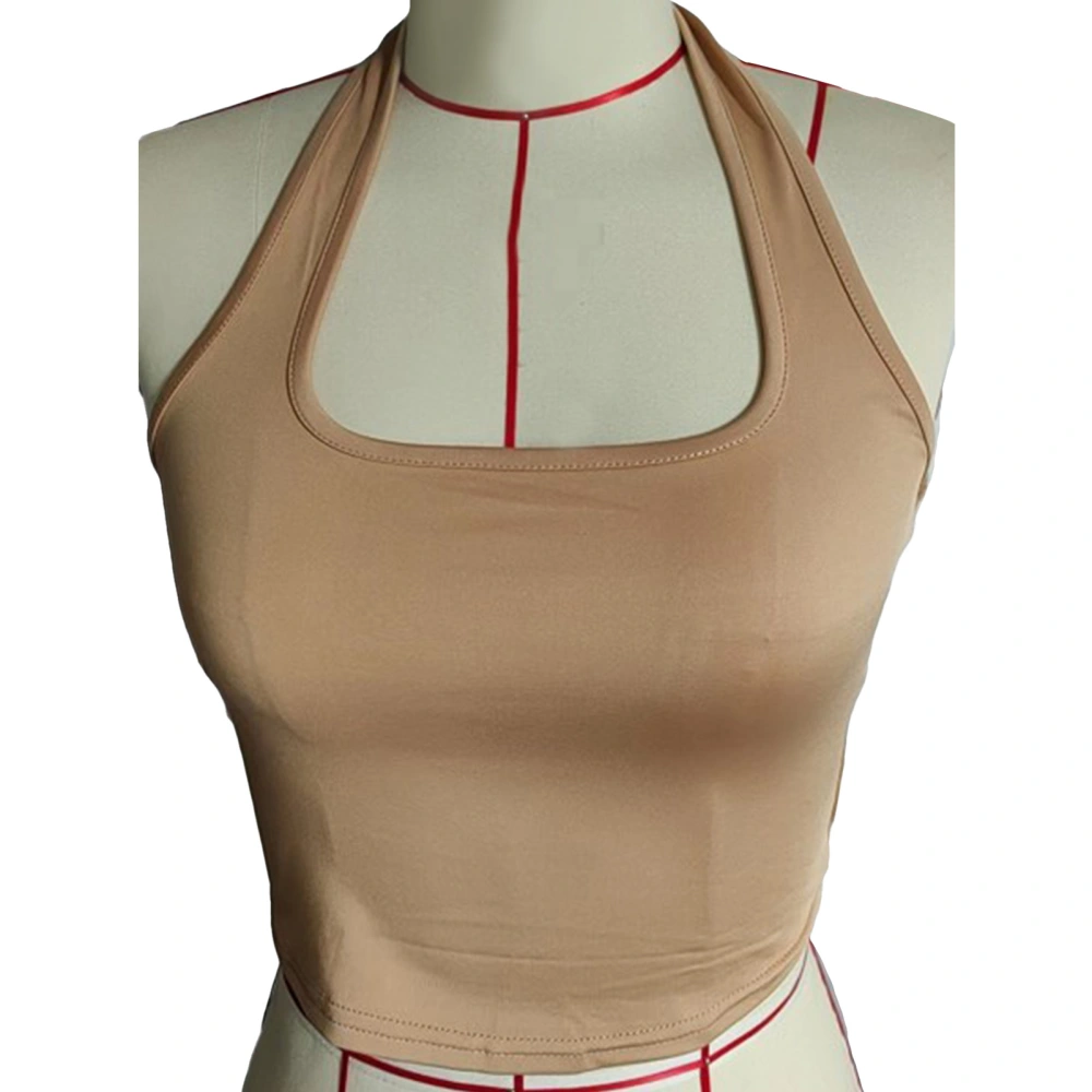 Women Halter Top Sleeveless Backless Scroop Neck Slim Fit Stretchy Basic Camisole Shirt Light Brown XL