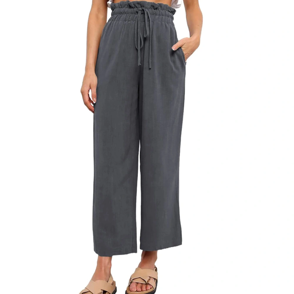 Women Linen Pants Drawstring High Waisted Casual Loose Fit Wide Leg Trousers for Summer Dark Gray S