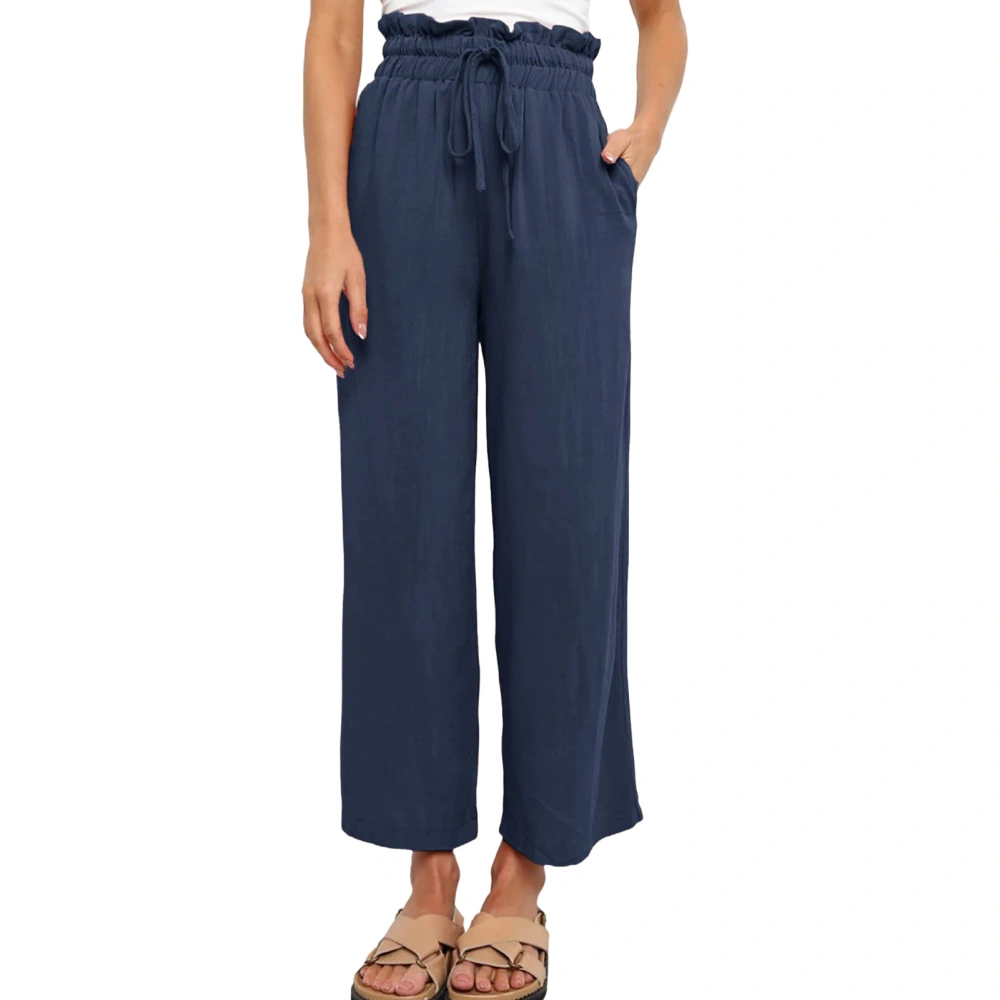 Women Linen Pants Drawstring High Waisted Casual Loose Fit Wide Leg Trousers for Summer Purplish Blue XL