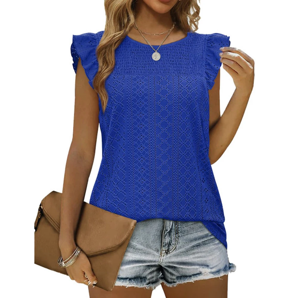 Summer Crew Neck Tank Top for Women Cap Sleeve Plain Color Eyelets Shirred Casual Blouse Blue M