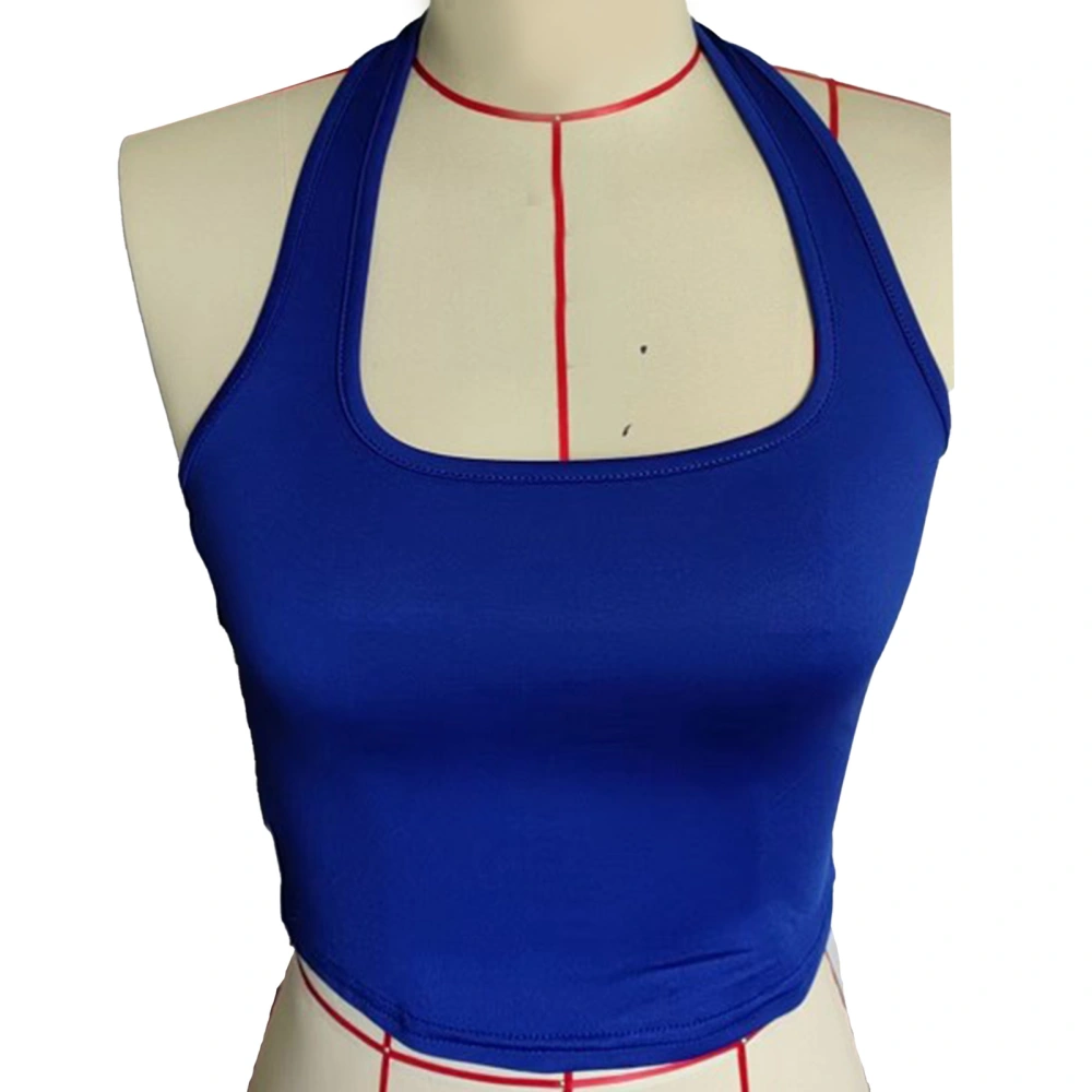 Women Halter Top Sleeveless Backless Scroop Neck Slim Fit Stretchy Basic Camisole Shirt Blue XXL