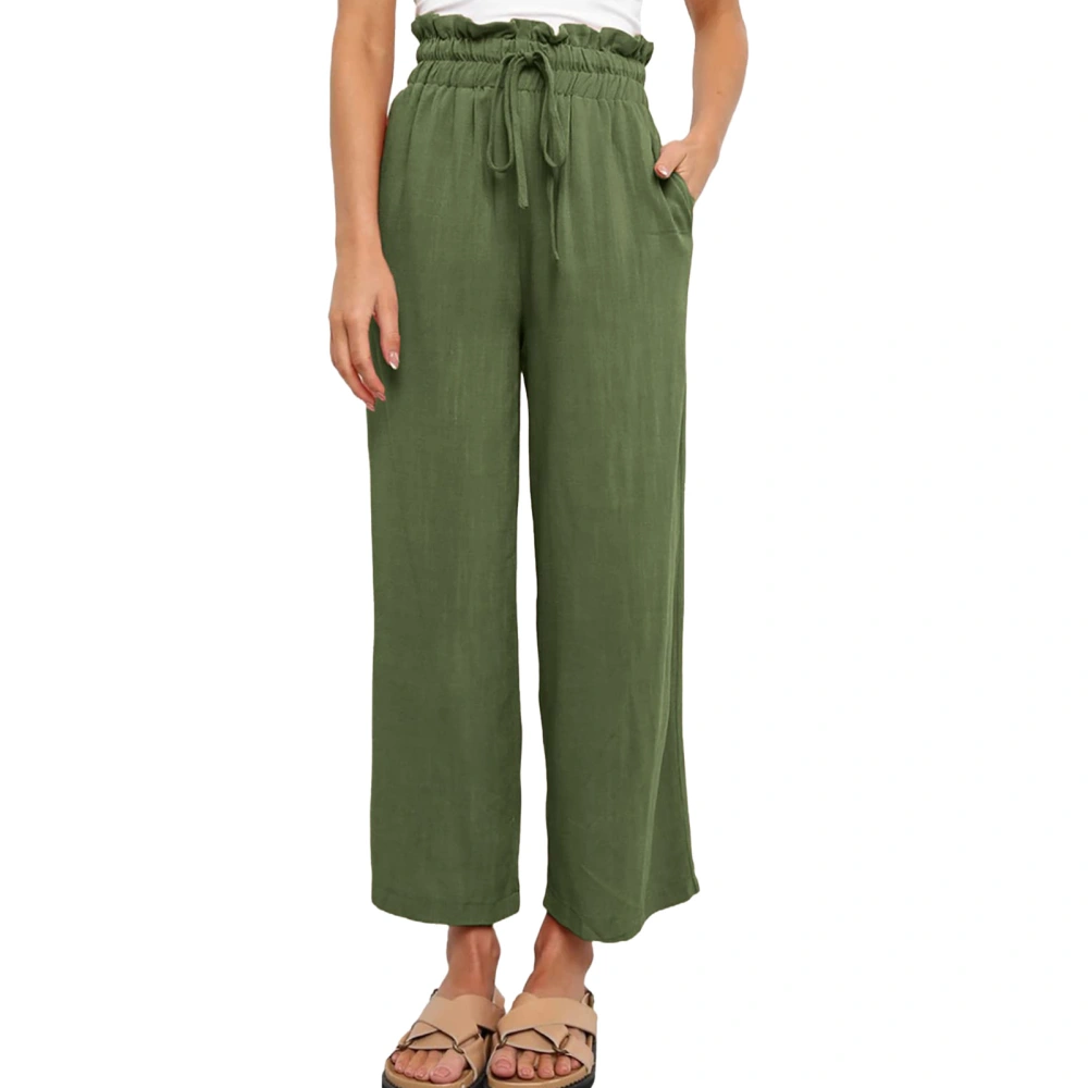 Women Linen Pants Drawstring High Waisted Casual Loose Fit Wide Leg Trousers for Summer OD Green XL