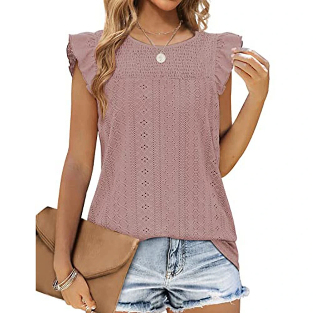 Summer Crew Neck Tank Top for Women Cap Sleeve Plain Color Eyelets Shirred Casual Blouse Gray Pink M