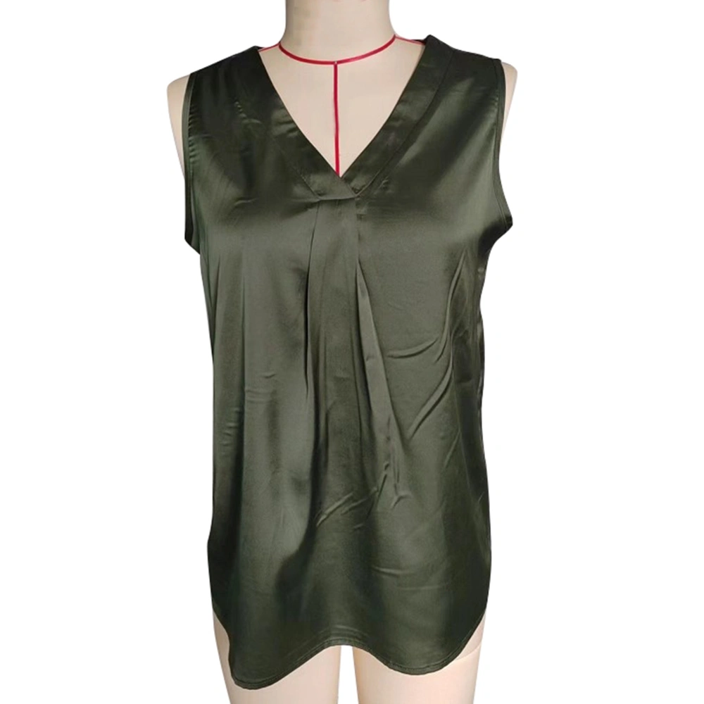 Women Satin Tank Top V Neck Pleated Loose Fitting Summer Sleeveless Vest for Daily Wear OD Green M