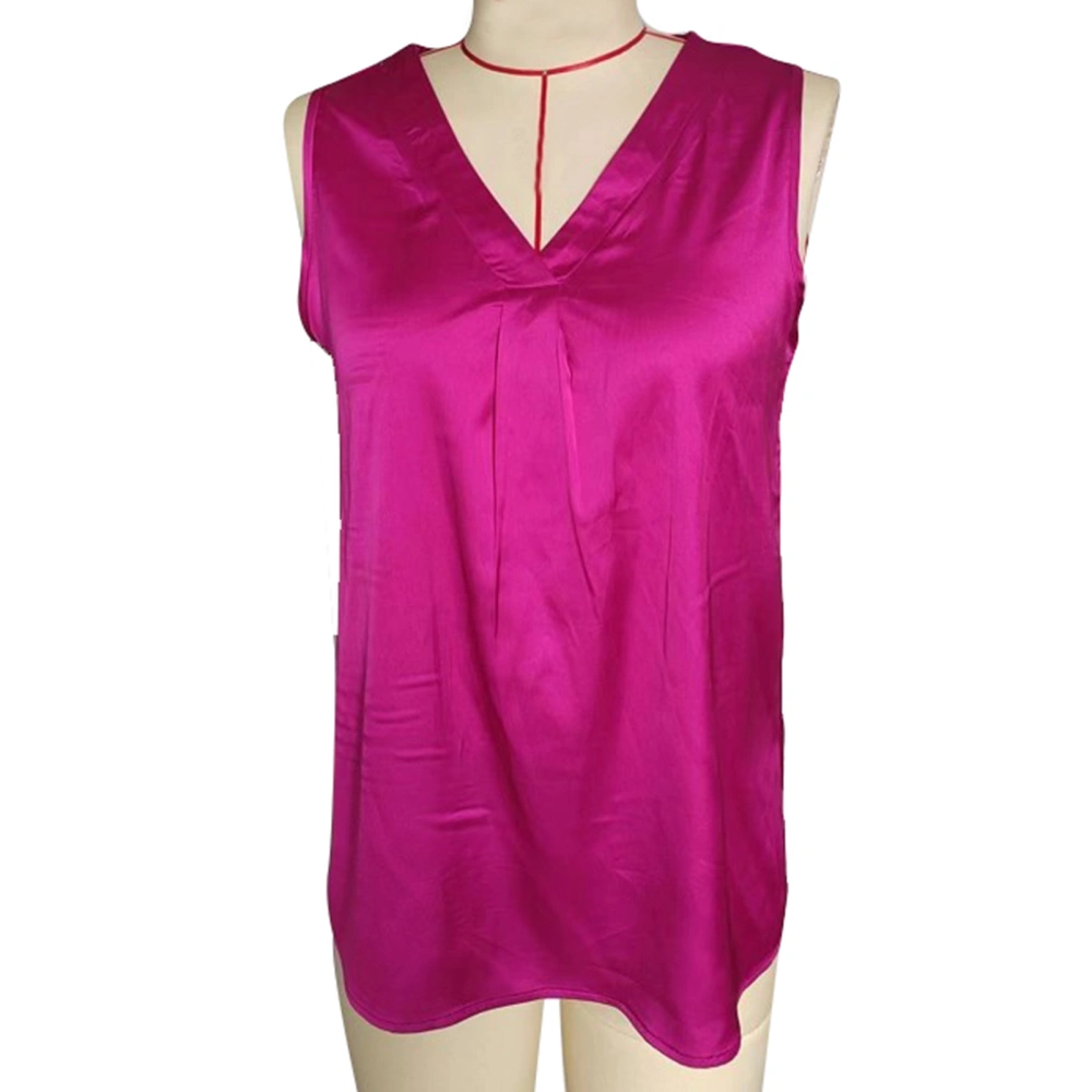 Women Satin Tank Top V Neck Pleated Loose Fitting Summer Sleeveless Vest for Daily Wear purplish Red XL