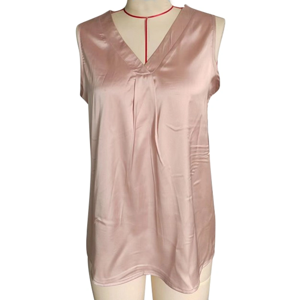 Women Satin Tank Top V Neck Pleated Loose Fitting Summer Sleeveless Vest for Daily Wear Champagne L