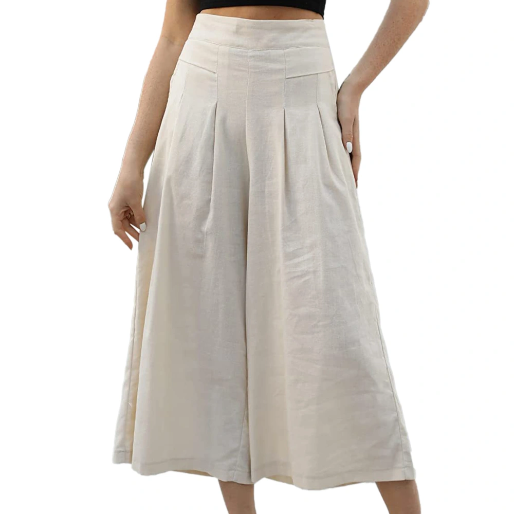 Women Loose Pants Casual Wide Legs Pleated Waist Ankle Trousers with Pockets for Female Apricot L