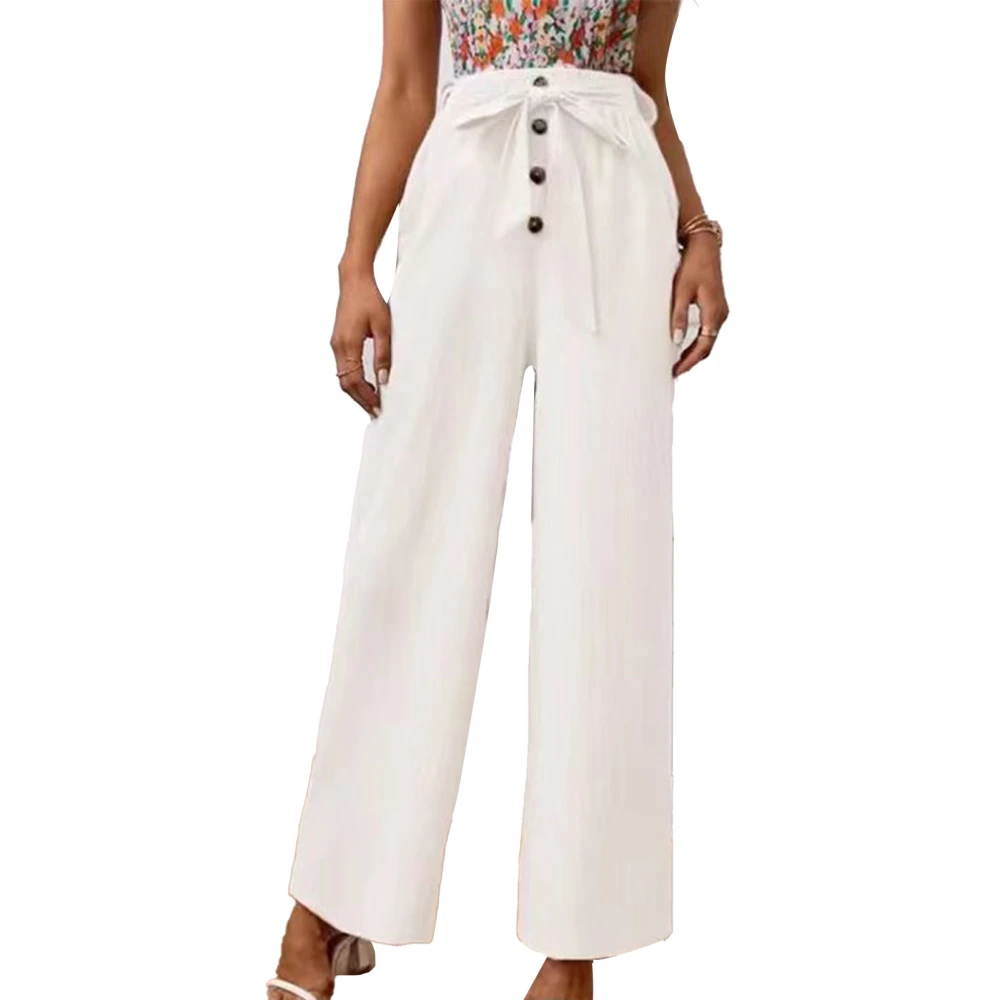 Women Wide Legs Pants Tie Waisted Button Front Casual Loose Fit Solid Color Pants for Holiday Dating Work Daily Life White XL