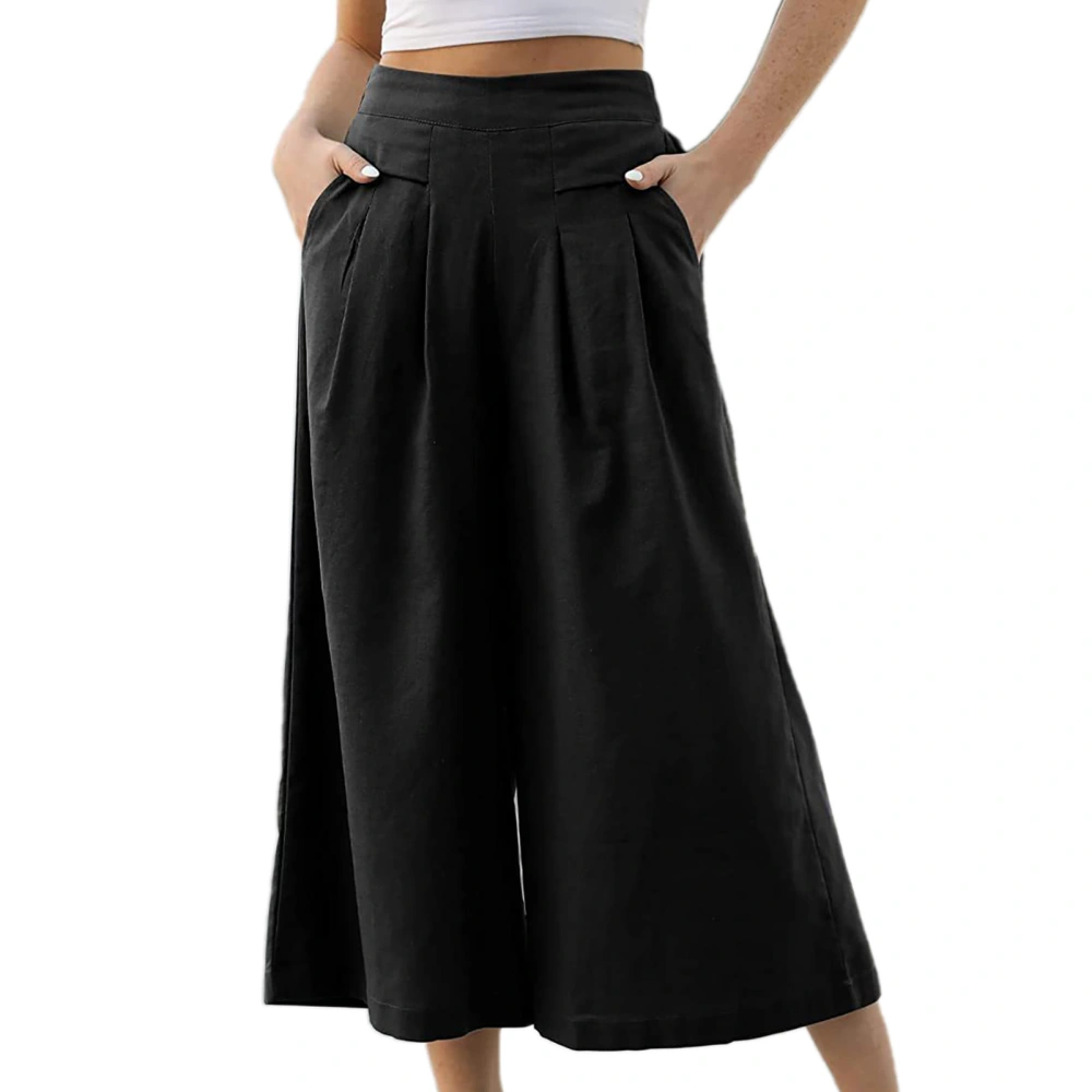 Women Loose Pants Casual Wide Legs Pleated Waist Ankle Trousers with Pockets for Female Black XL