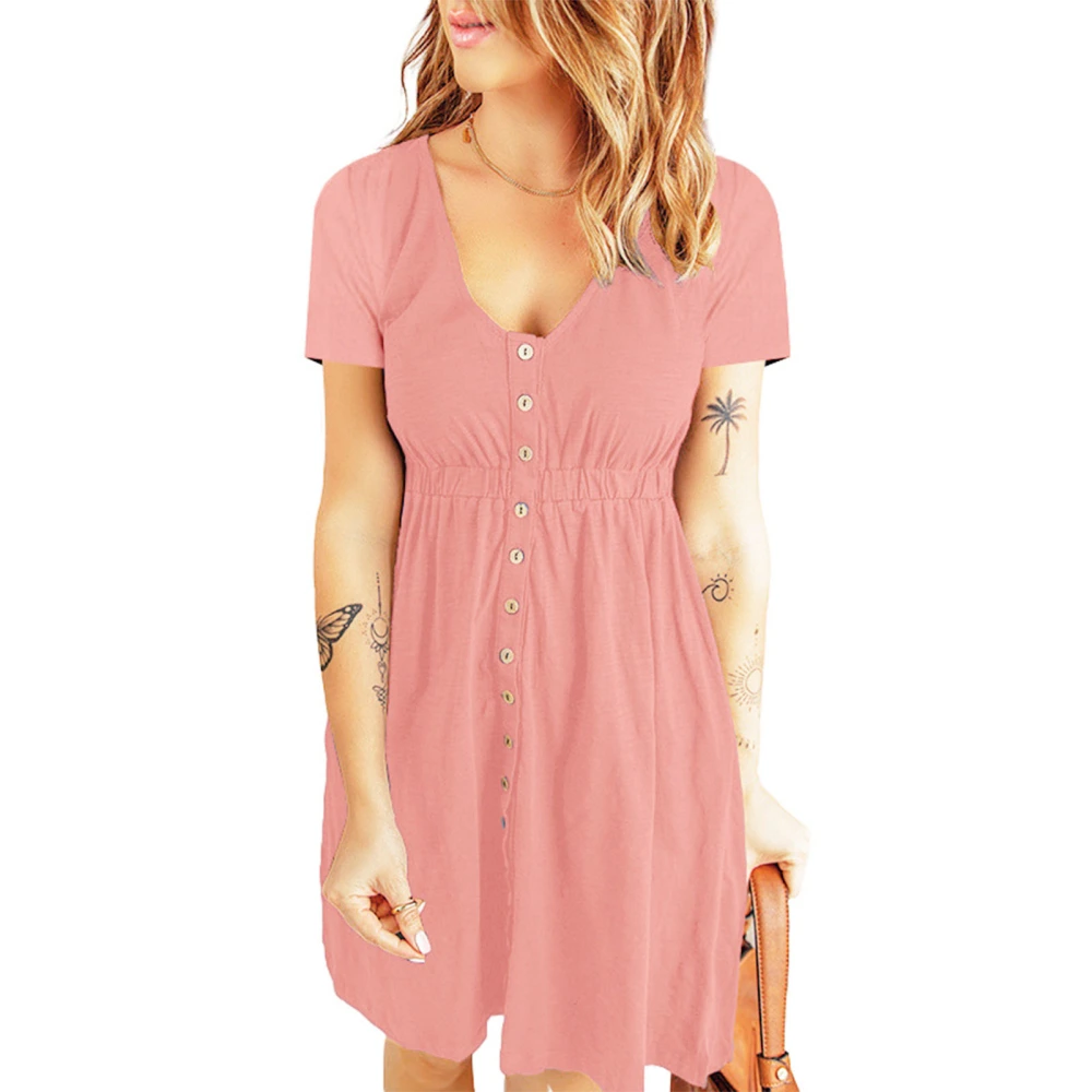 V Neck Front Button Dress Short Sleeve High Waisted Button Front Dress for Women Spring Summer Pink XXL