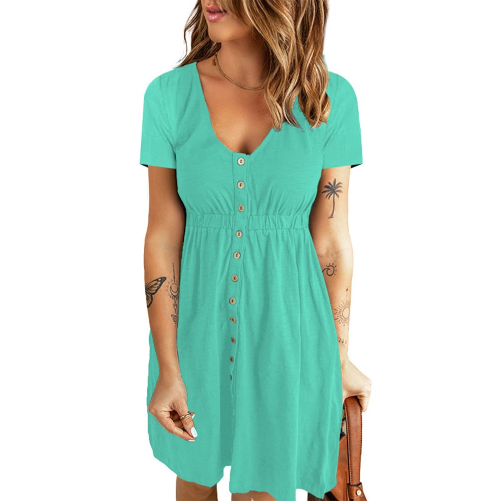 V Neck Front Button Dress Short Sleeve High Waisted Button Front Dress for Women Spring Summer Green M