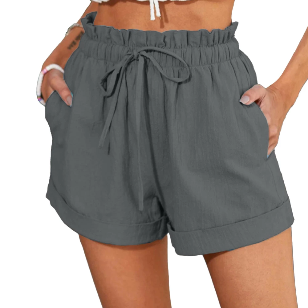 Women Shorts Elastic Waist Ruffle Shorts Drawstring Rolled Hem Casual Pants Pure Color Summer Pants Grey XL