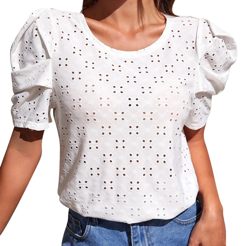 Women Round Neck Top Short Puff Sleeves Hollow Jacquard Pure Color Loose Fitting Summer T Shirt White L