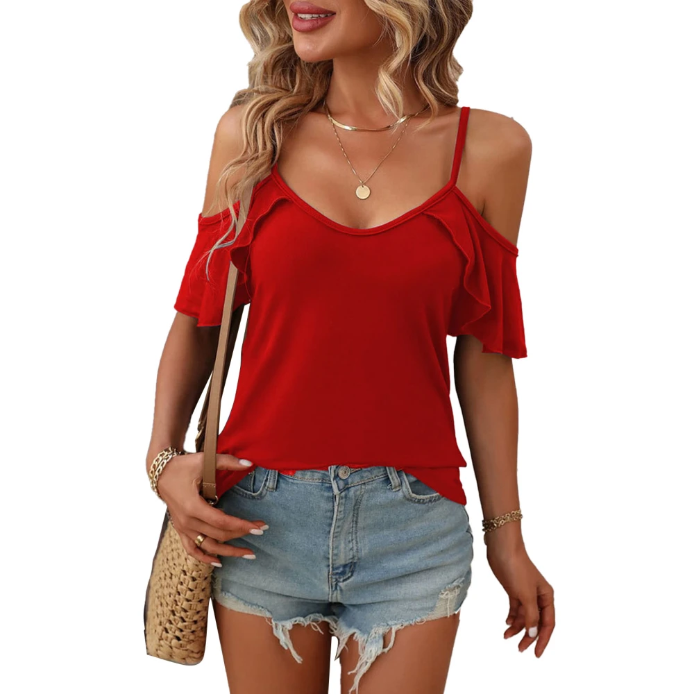 Cold Shoulder Top Women Loose Casual Stylish Spaghetti Strap Short Ruffle Sleeve Shirt Blouse for Dating Red XL