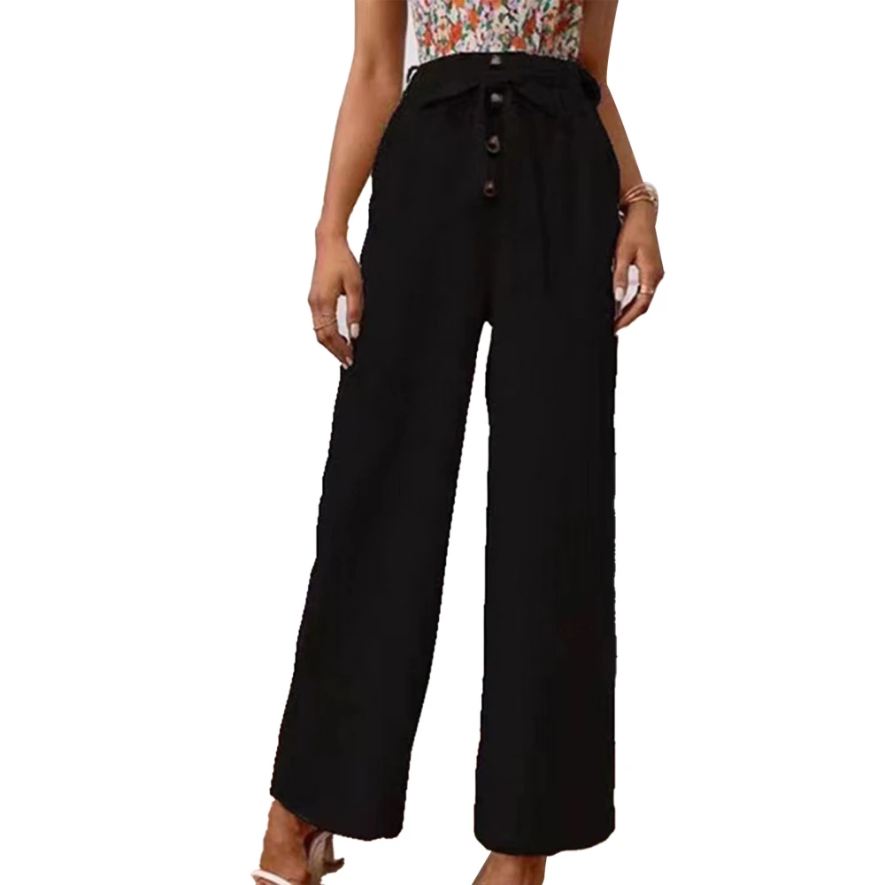 Women Wide Legs Pants Tie Waisted Button Front Casual Loose Fit Solid Color Pants for Holiday Dating Work Daily Life Black XL