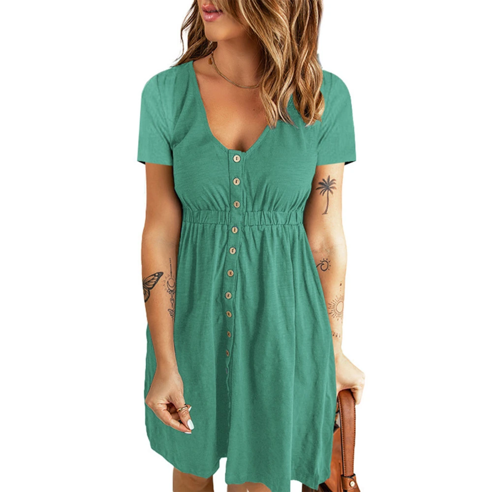 V Neck Front Button Dress Short Sleeve High Waisted Button Front Dress for Women Spring Summer Lake Green M