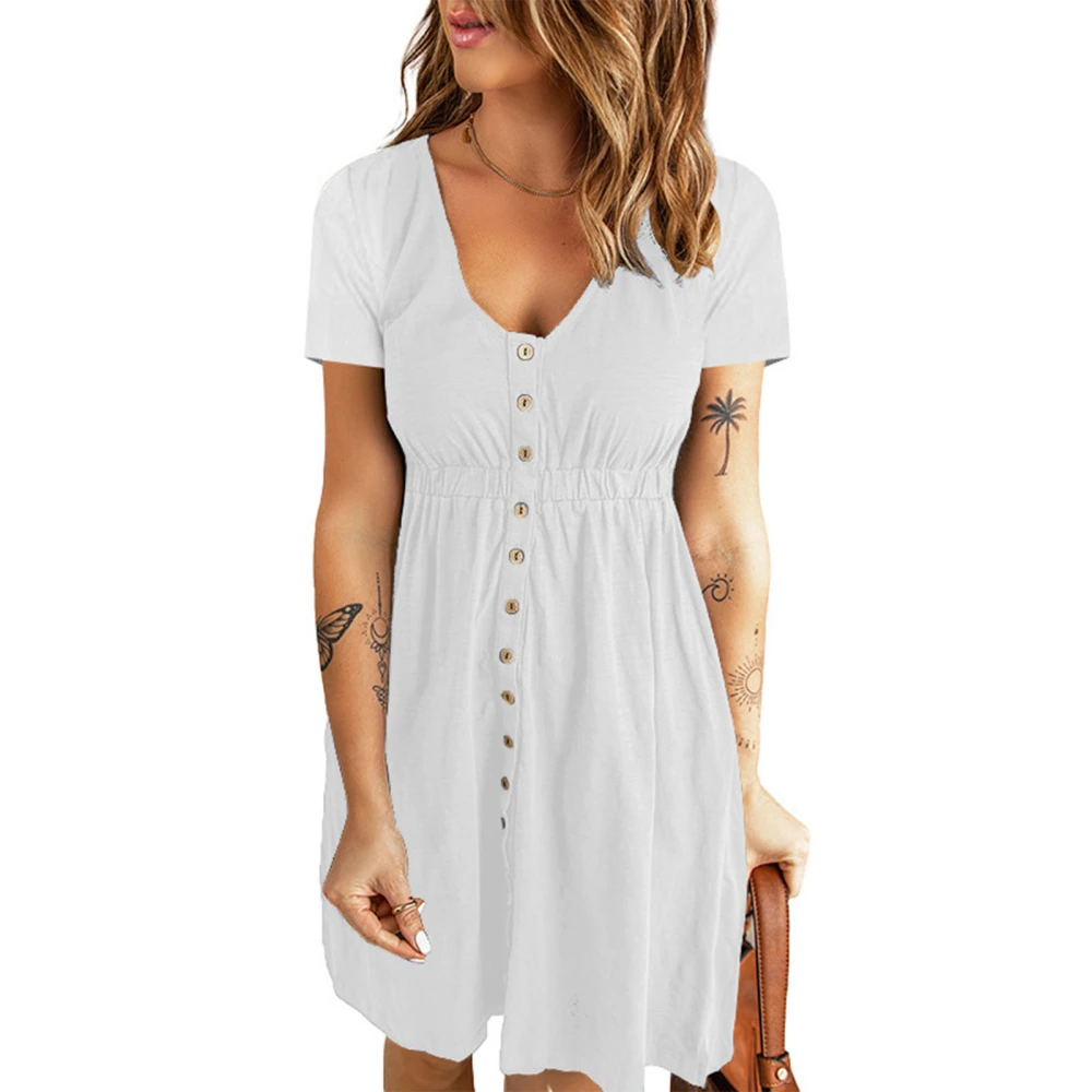 V Neck Front Button Dress Short Sleeve High Waisted Button Front Dress for Women Spring Summer White XL