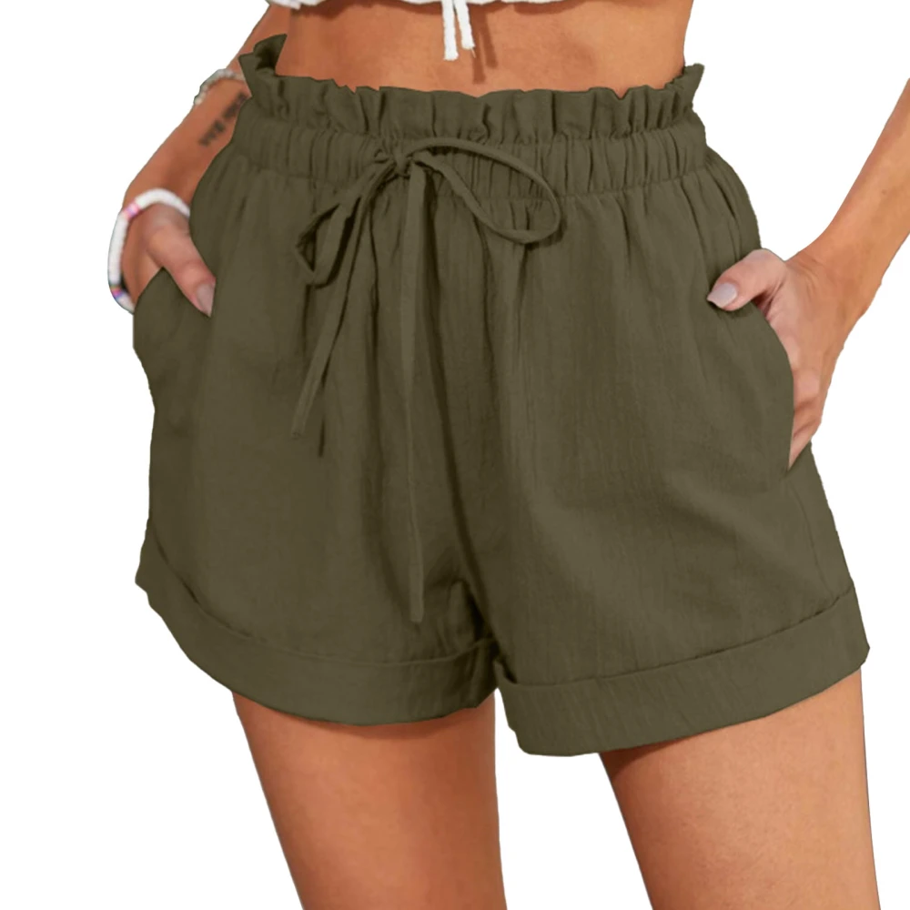 Women Shorts Elastic Waist Ruffle Shorts Drawstring Rolled Hem Casual Pants Pure Color Summer Pants Green XXXL