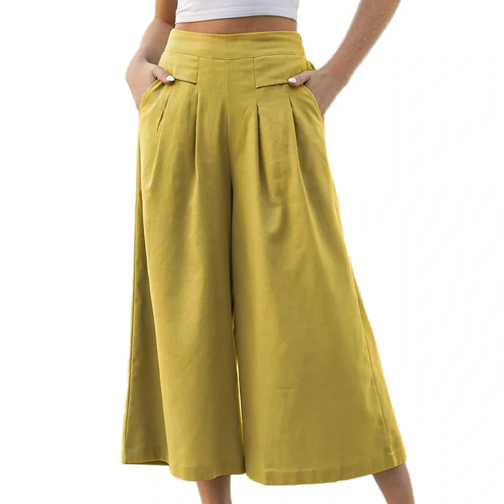 Women Loose Pants Casual Wide Legs Pleated Waist Ankle Trousers with Pockets for Female Yellow XL