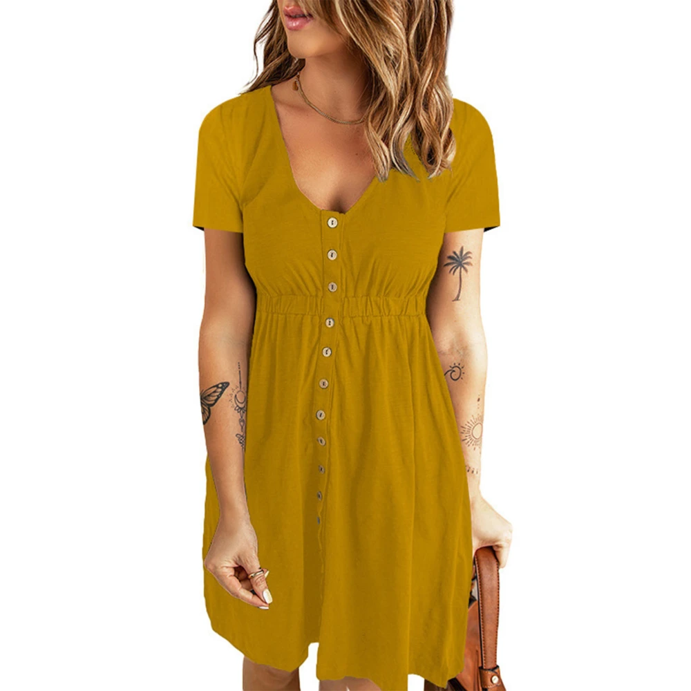 V Neck Front Button Dress Short Sleeve High Waisted Button Front Dress for Women Spring Summer Yellow XL