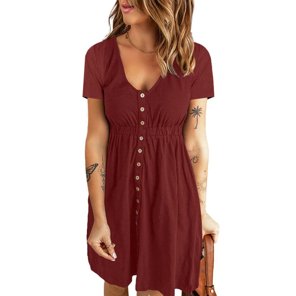 V Neck Front Button Dress Short Sleeve High Waisted Button Front Dress for Women Spring Summer Burgundy S