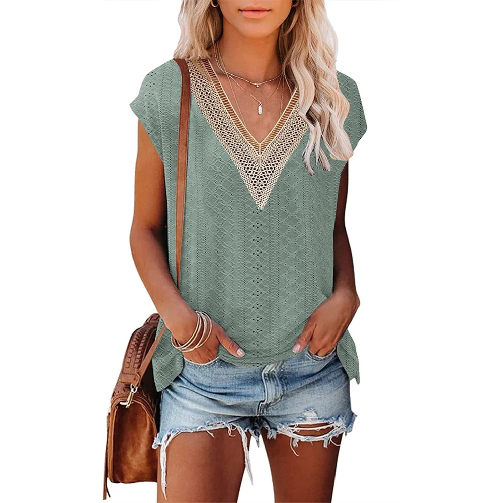 Women Hollow Out Top Deep V Neck Lace Splicing Stylish Breathable Comfortable Short Sleeve Shirt Top for Summer Blackish Green S