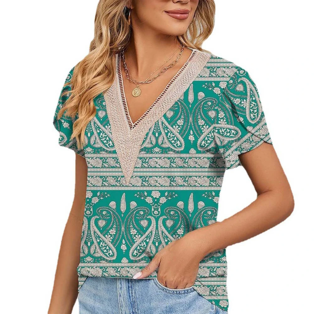 Guipure Lace Printed Blouse V Neckline Petal Short Sleeved Guipure Blouse for Women Dating Cashew Green Background M