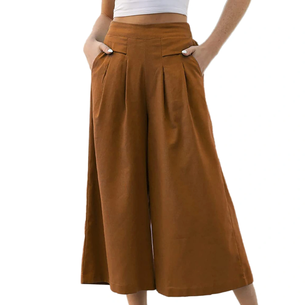 Women Loose Pants Casual Wide Legs Pleated Waist Ankle Trousers with Pockets for Female Brown XXL