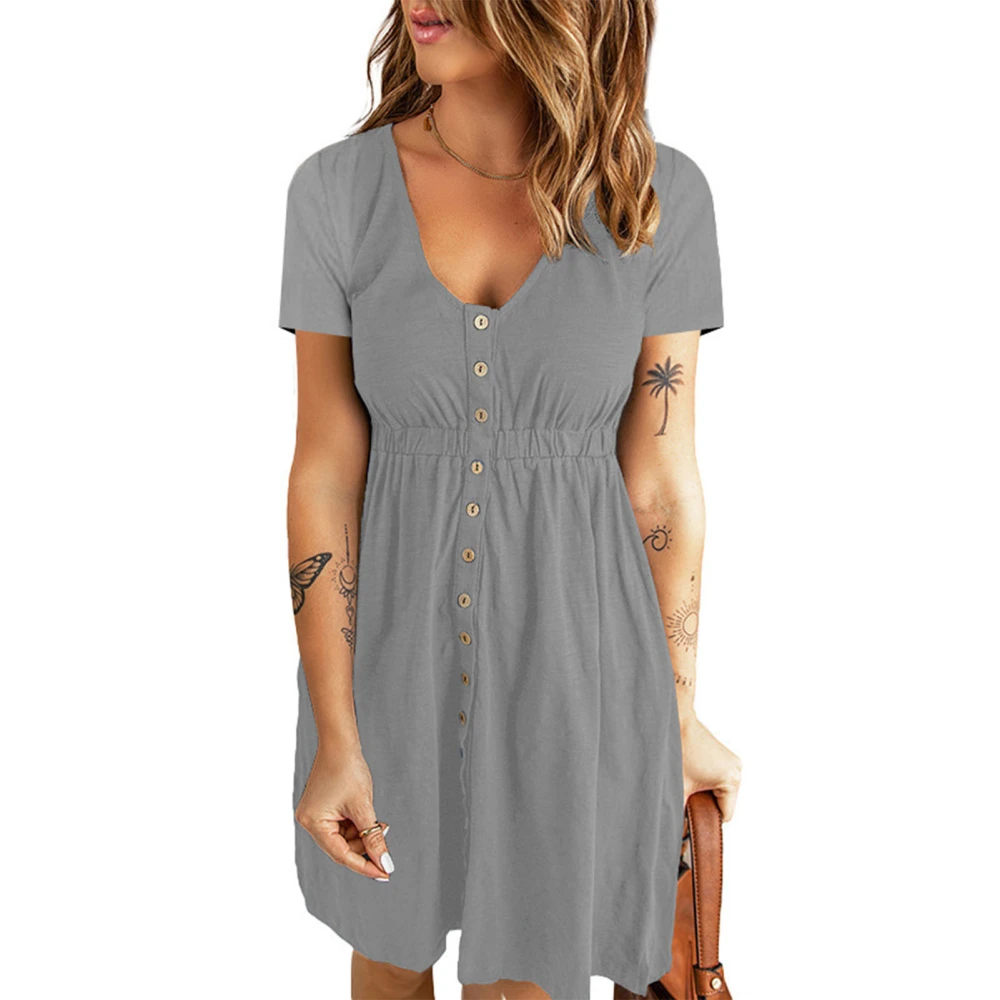 V Neck Front Button Dress Short Sleeve High Waisted Button Front Dress for Women Spring Summer Light Gray M