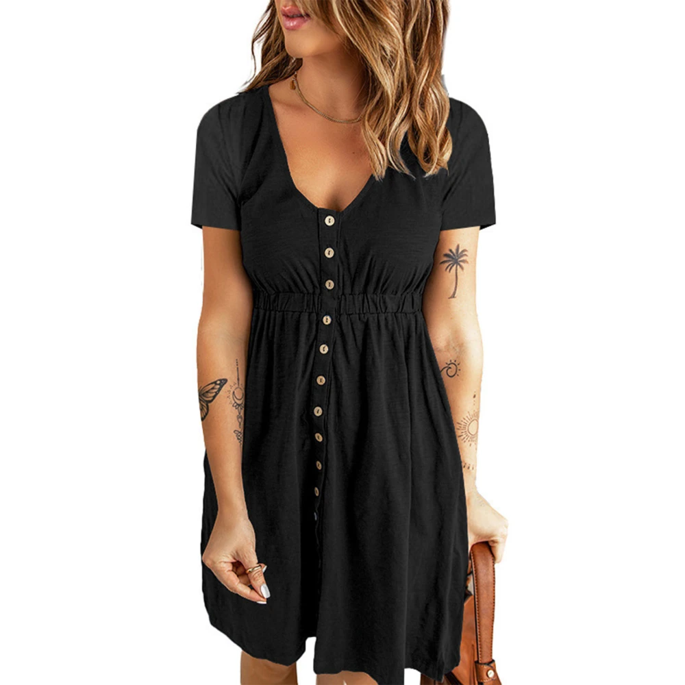 V Neck Front Button Dress Short Sleeve High Waisted Button Front Dress for Women Spring Summer Black XL