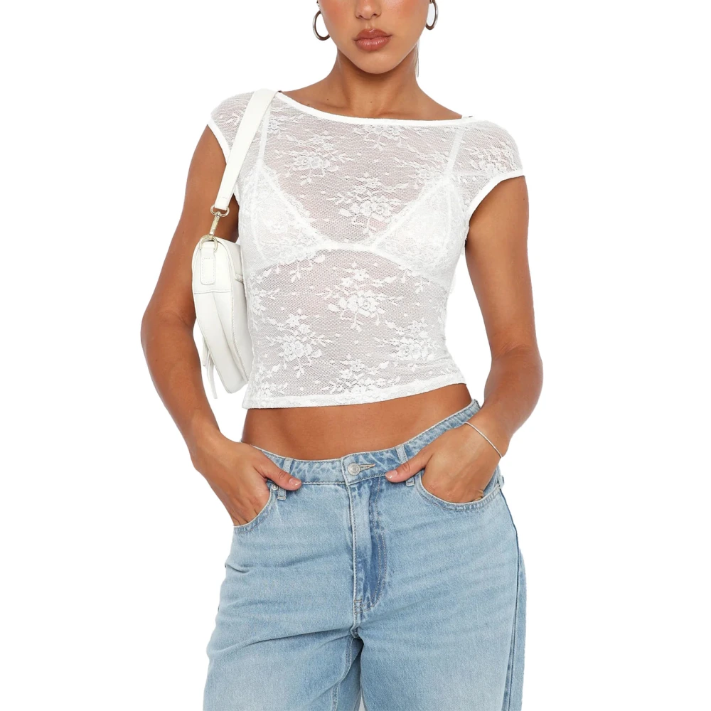 Short Sleeve Crewneck Lace Top Women Summer Stylish Elegant Plain Color Short Backless Sheer Mesh T Shirt White L