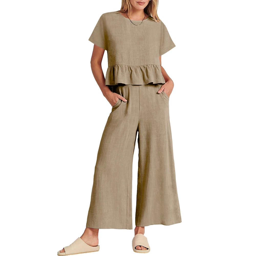 Women Summer Outfits Set Ruffle Trim Short Sleeves Top Wide Straight Leg Pants Set Khaki M