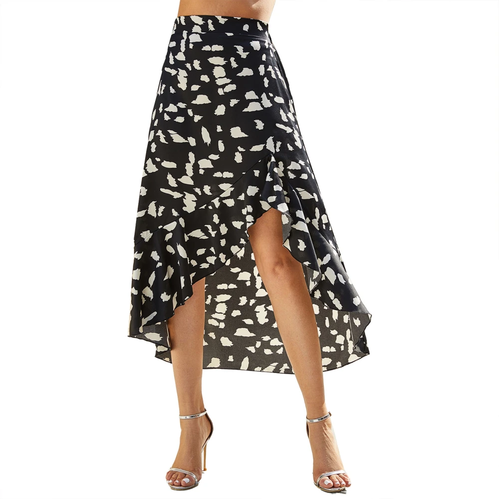 Hemline Skirt Irregular Ruffle Medium Length Polyester Fiber Printed for Beach Vacation Black XL