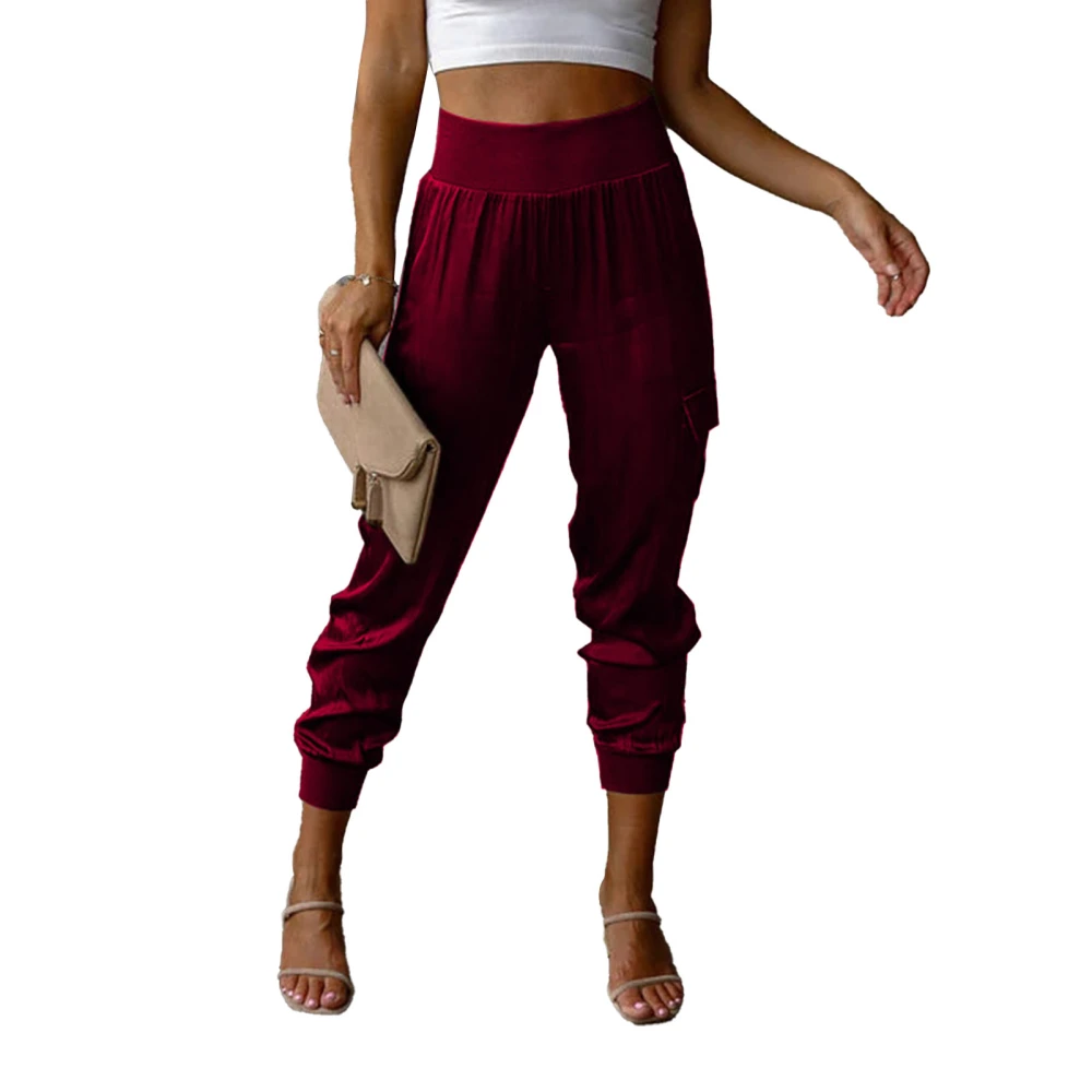 Women Satin Joggers Elastic High Waist Multiple Pockets Casual Tapered Ankle Pants Wine Red XL