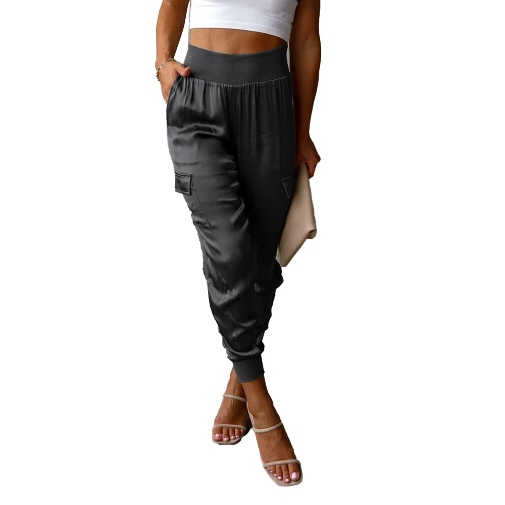 Women Satin Joggers Elastic High Waist Multiple Pockets Casual Tapered Ankle Pants Dark Gray M