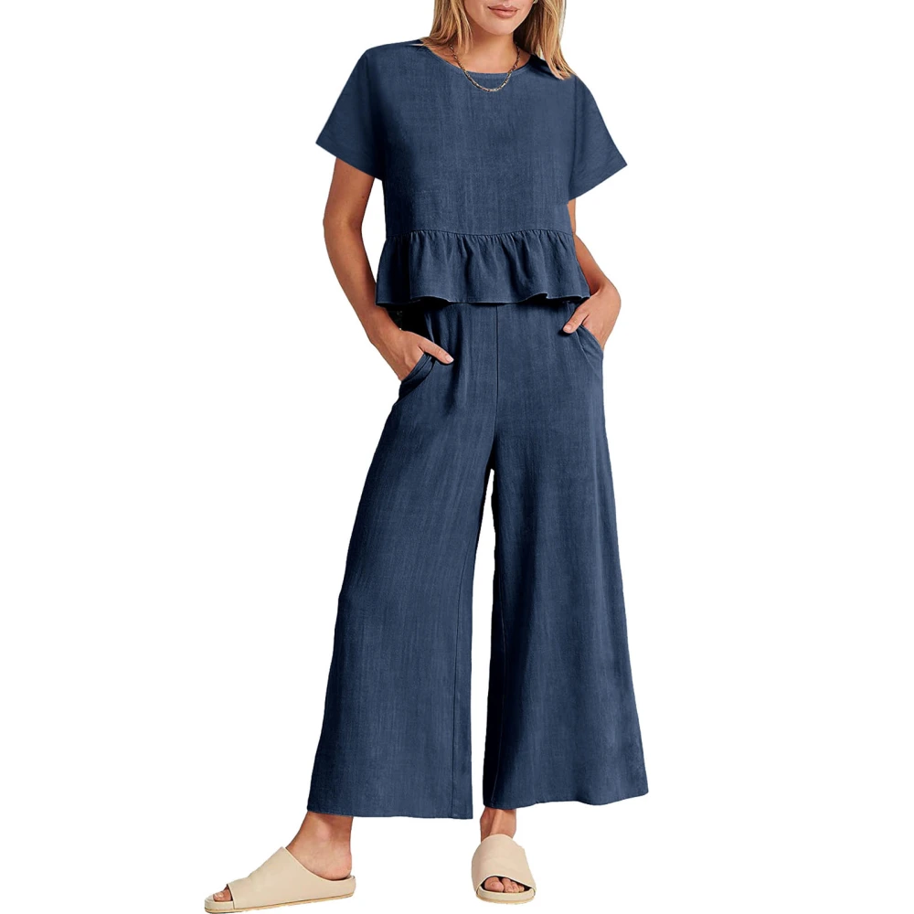 Women Summer Outfits Set Ruffle Trim Short Sleeves Top Wide Straight Leg Pants Set Navy Blue S