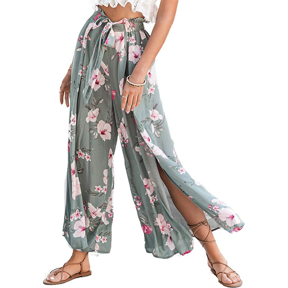 Women Long Pants Wide Leg High Waist Pants Thigh Split Tie Knot Trousers Summer Casual Trousers Green Floral Print XXL