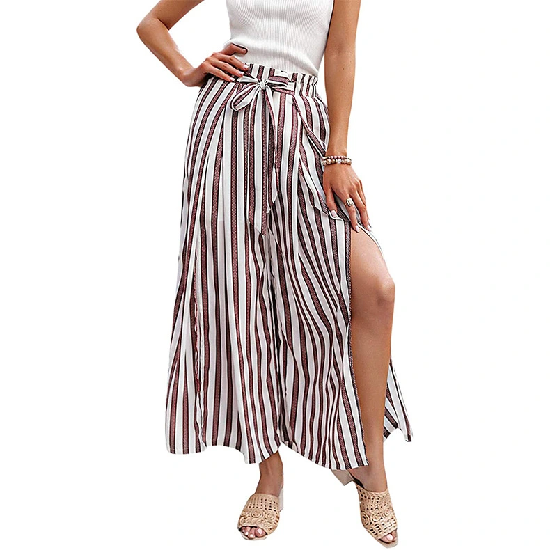 Women Long Pants Wide Leg High Waist Pants Thigh Split Tie Knot Trousers Summer Casual Trousers Red White Strip S