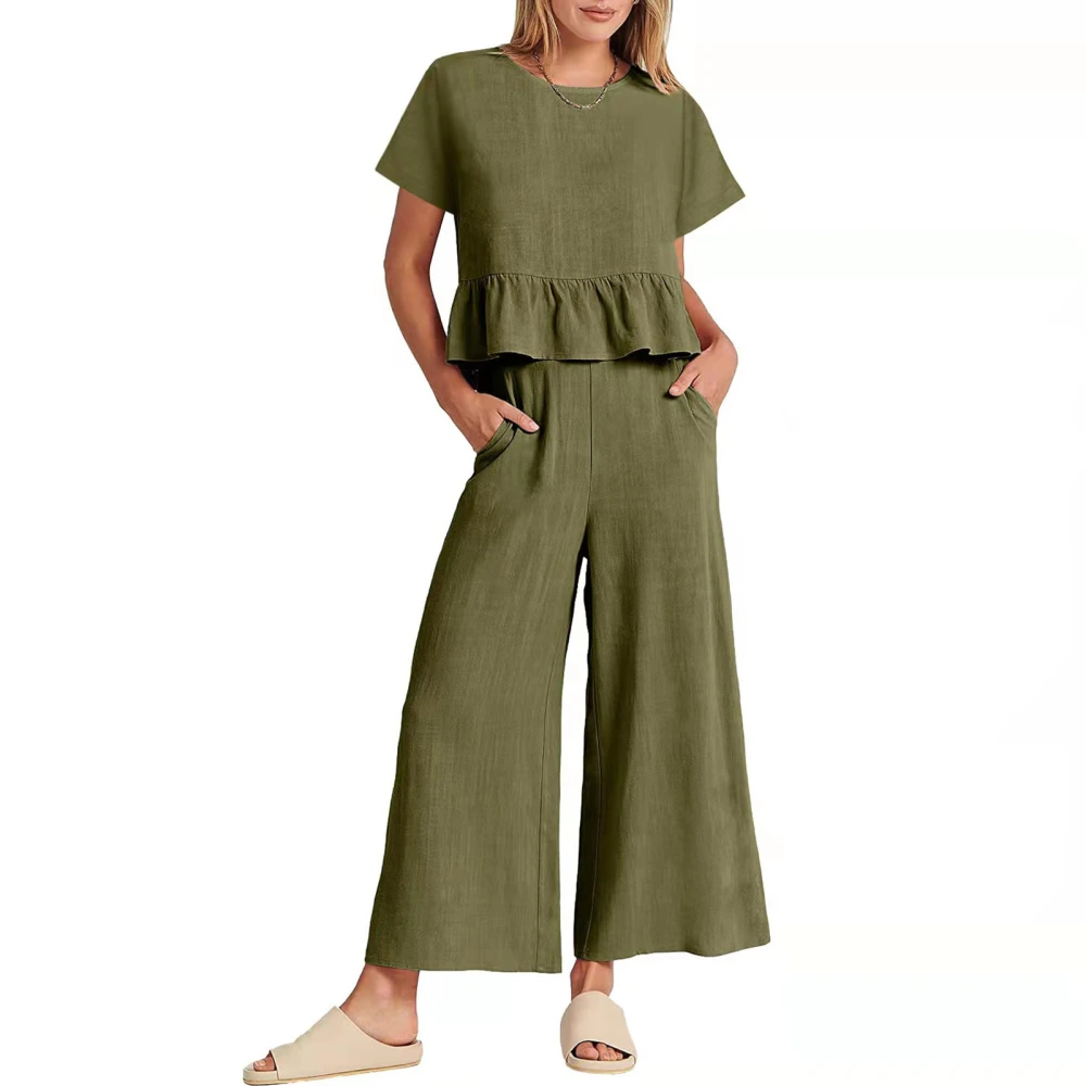 Women Summer Outfits Set Ruffle Trim Short Sleeves Top Wide Straight Leg Pants Set OD Green XXL