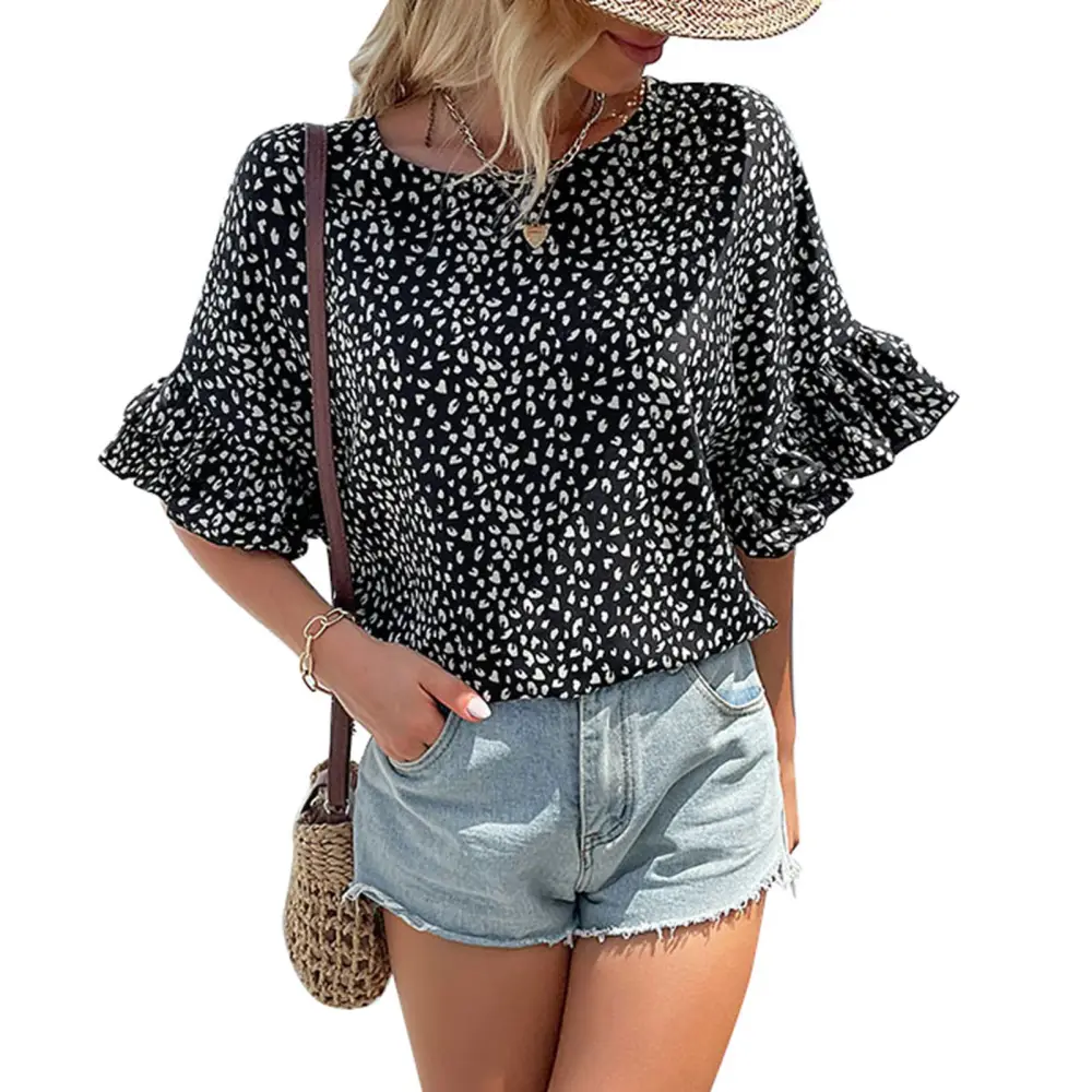 Women Round Neck T Shirt Leopard Printing Short Ruffle Sleeves Loose Fitting Summer Casual Blouse Black S