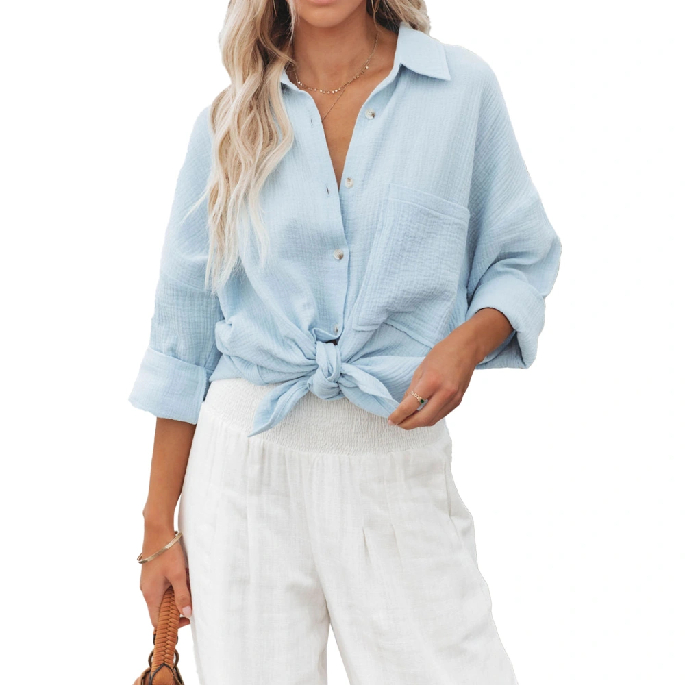 Women Button Down Long Sleeve Shirts Fashion Casual Loose Turn Down Collar Pure Color Womens V Neck Long Sleeve Blouse Sky Blue XL