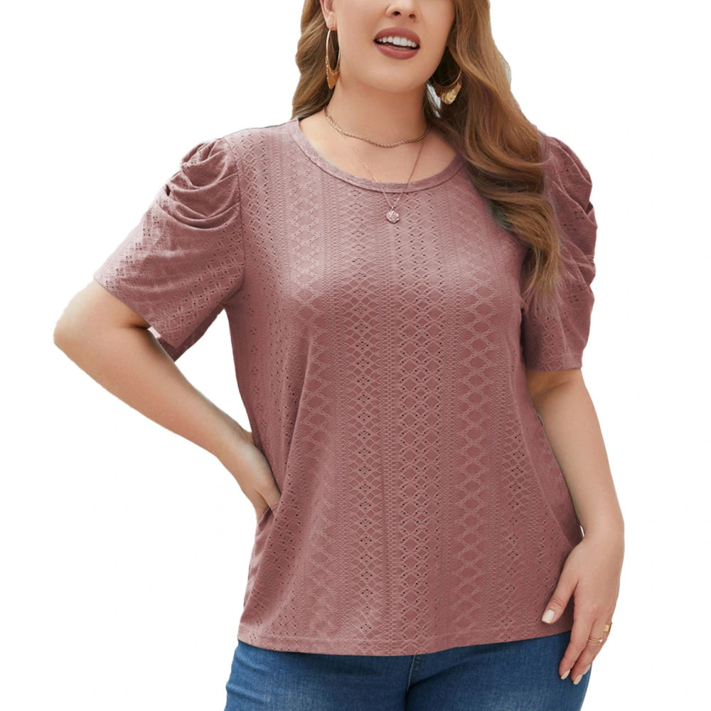 Ruched Puff Sleeve Crewneck T Shirt Women Oversized Plain Color Short Sleeve Crochet Eyelet Top Blouse Dusty Pink 3XL